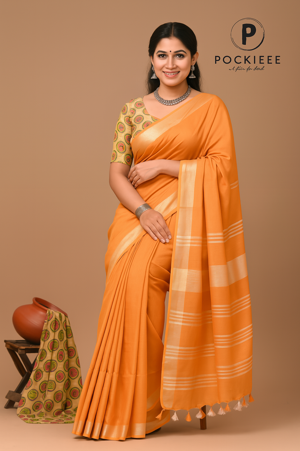 Plain Cotton Linen Saree with Blouse Piece